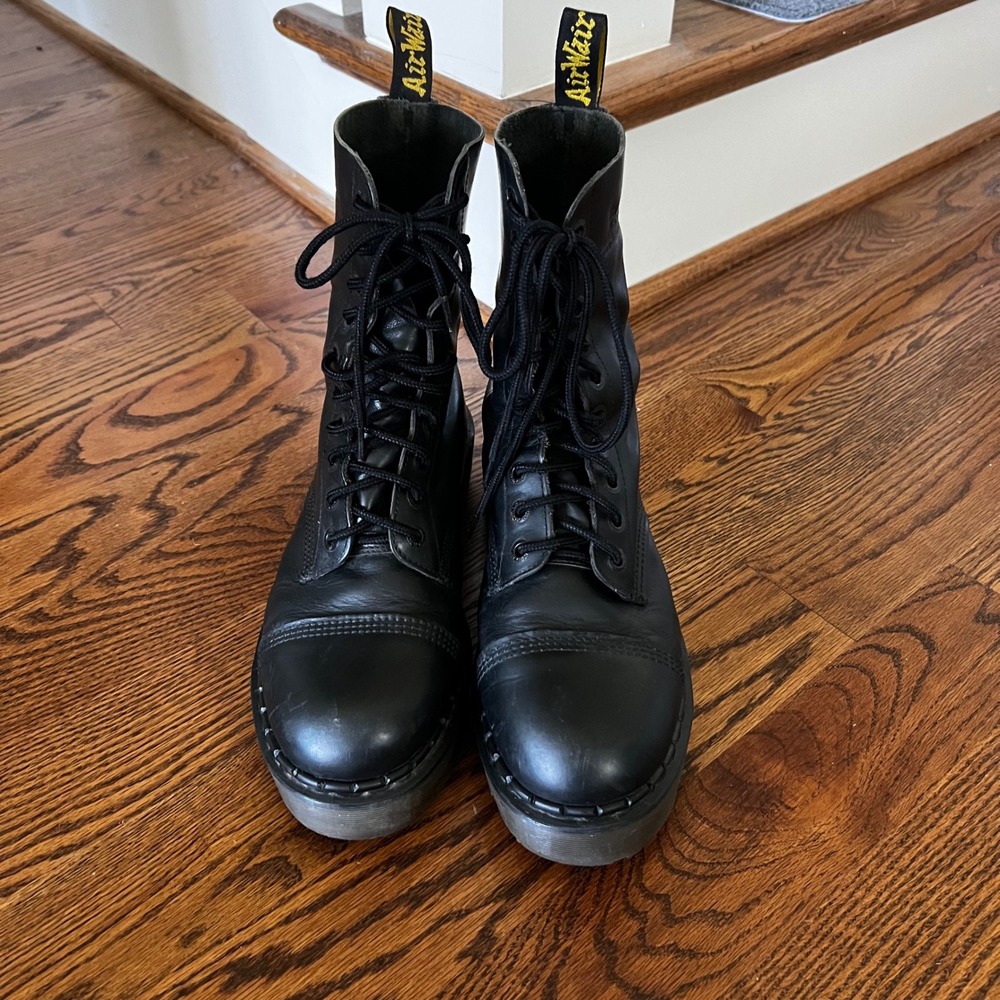 Dr. Martens Made in England Vtg Black Leather Original Platform Boots 12 Eye - Picture 14 of 16